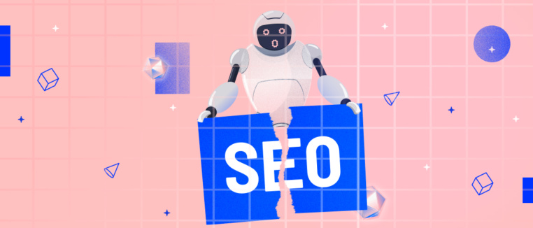 Graphic of a robot with an unhappy expression holding an AI SEO sign being torn in half