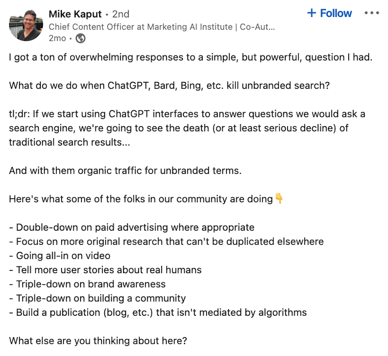 Mike Kaput's post about how AI is impacting SEO