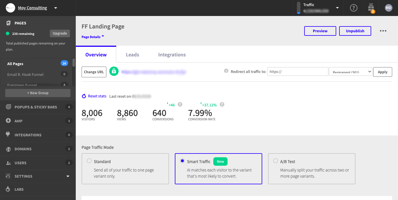 The Unbounce dashboard showing a Smart Traffic conversion lift