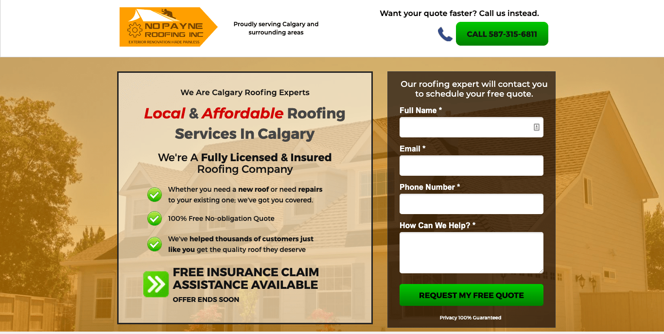 A roofing landing page example