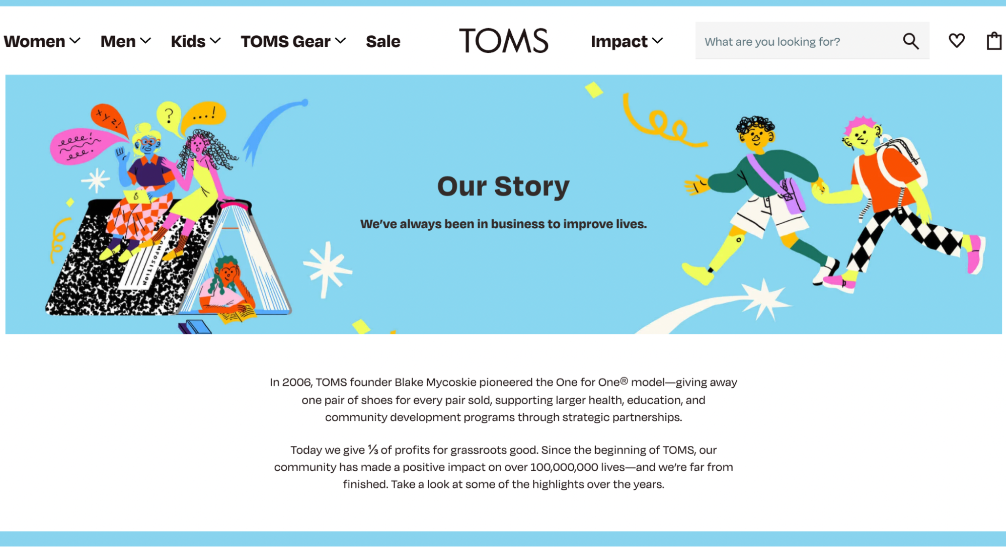 Screenshot of the Our Story page on the TOMS shoes website